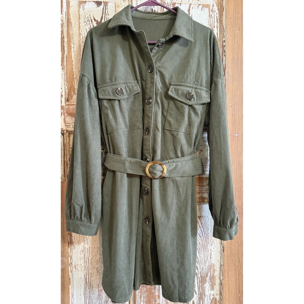 Women's Corduroy Long Sleeve Button Down Belted Shirt Dress - Army Green - Large